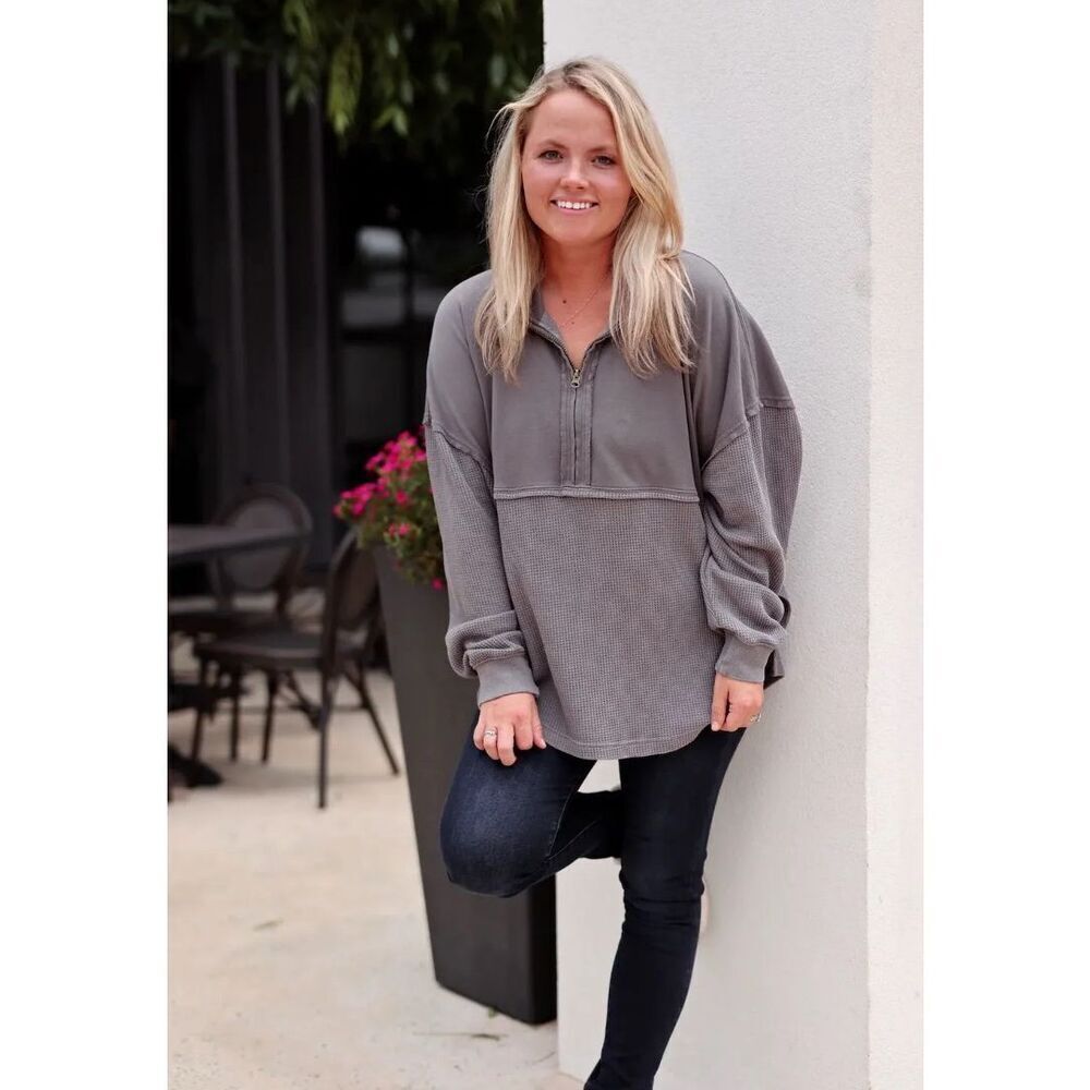 Club Social/Jadelynn Brooke Waffle Knit Half Zip Oversized Lagenlook M #758